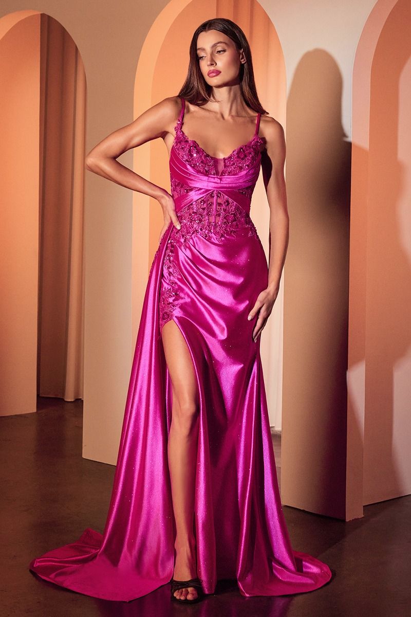LaDivine S524 Fitted Applique Long Formal Lace Prom Dress