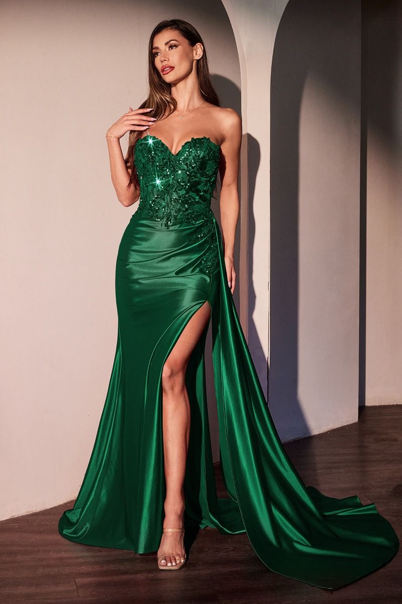 LaDivine S530 Long Fitted Applique Formal Slit Prom Dress