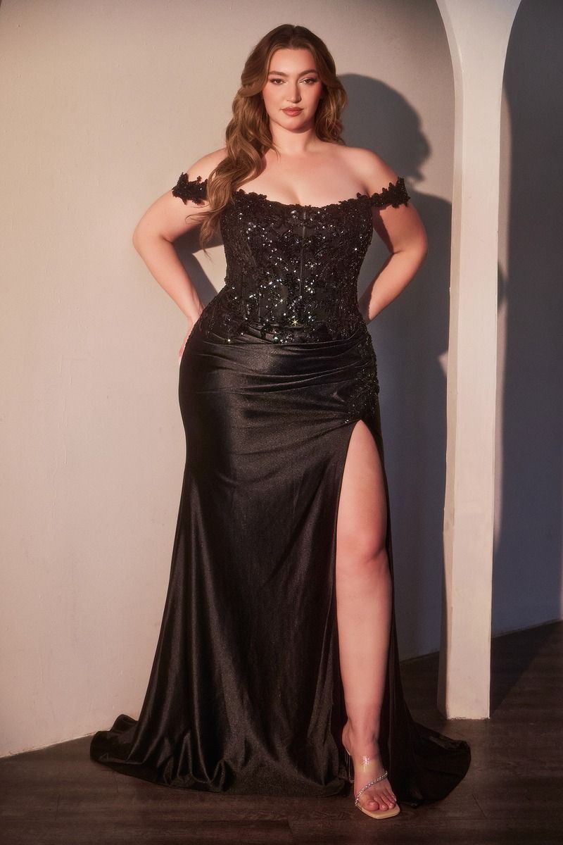 LaDivine S537C Fitted Plus Size Long Formal Beaded Prom Dress