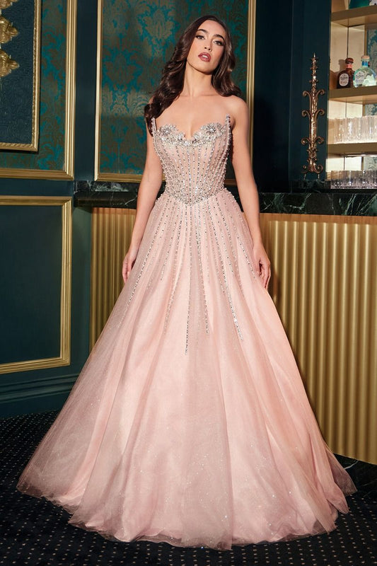 Prom Dresses Glitter Prom Corset Long Formal A Line Beaded Dress Blush
