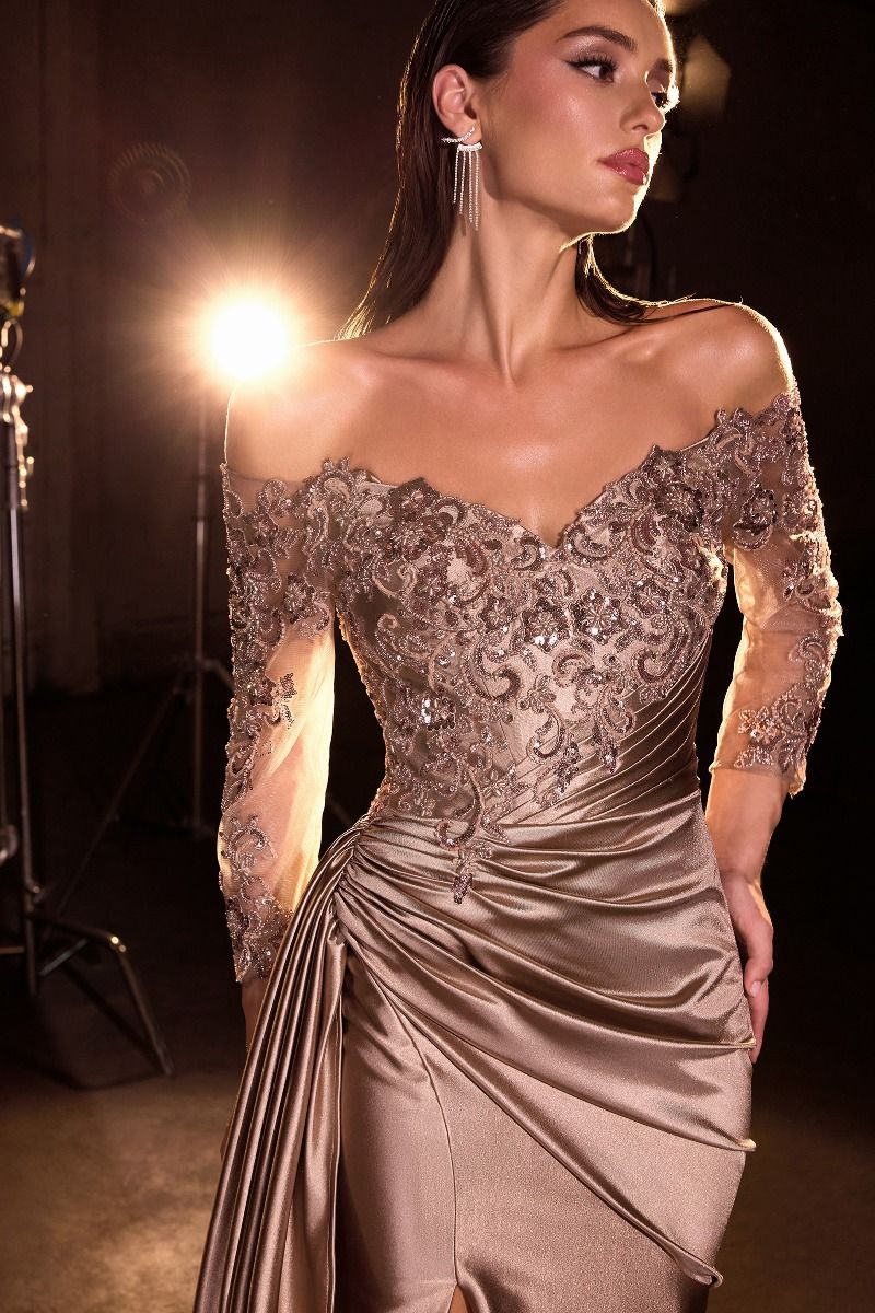LaDivine CDS549 Fitted Long Lace Slit Formal Evening Dress