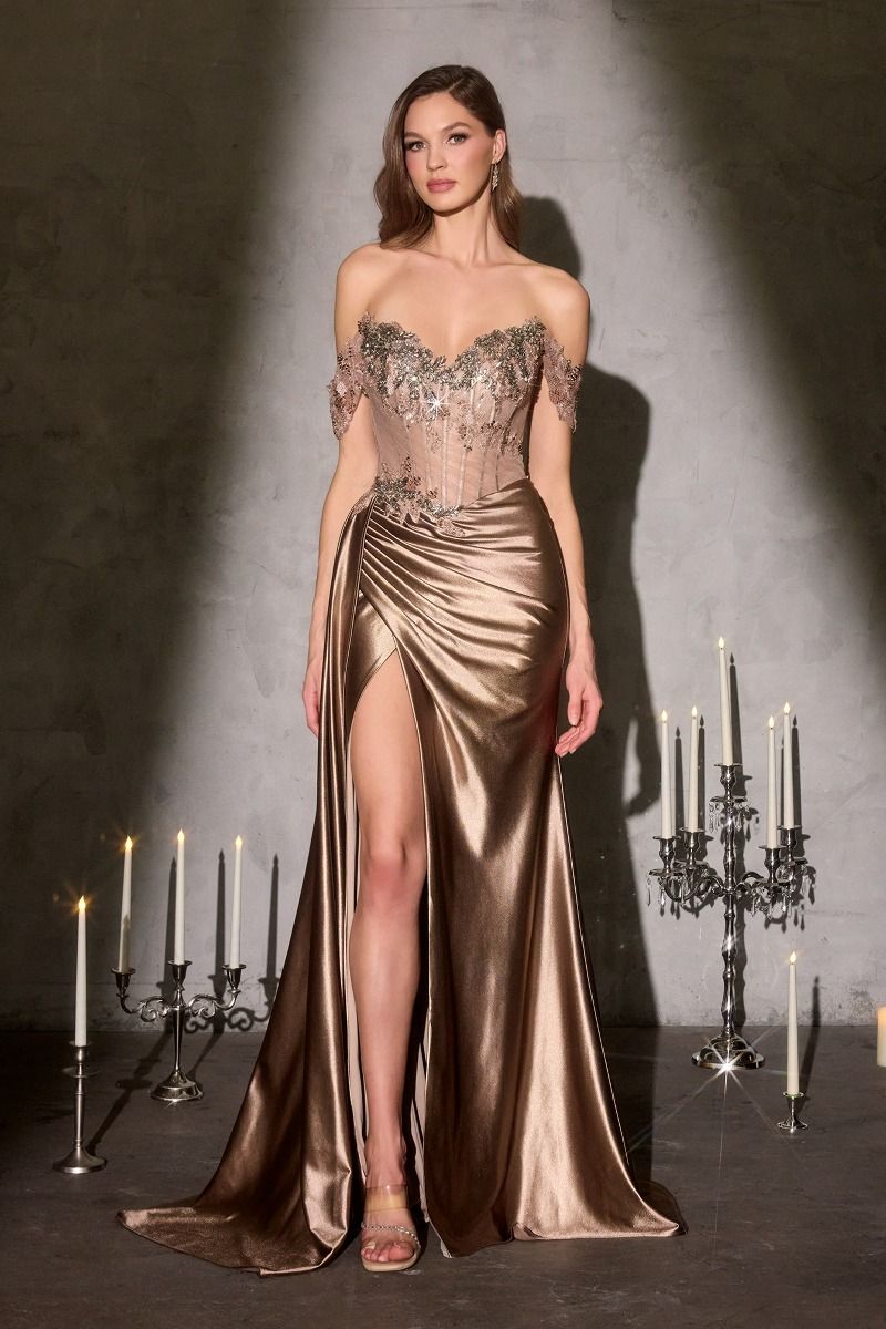 Prom Dresses Fitted Long Formal Beaded Corset Prom Dress Mocha Gold