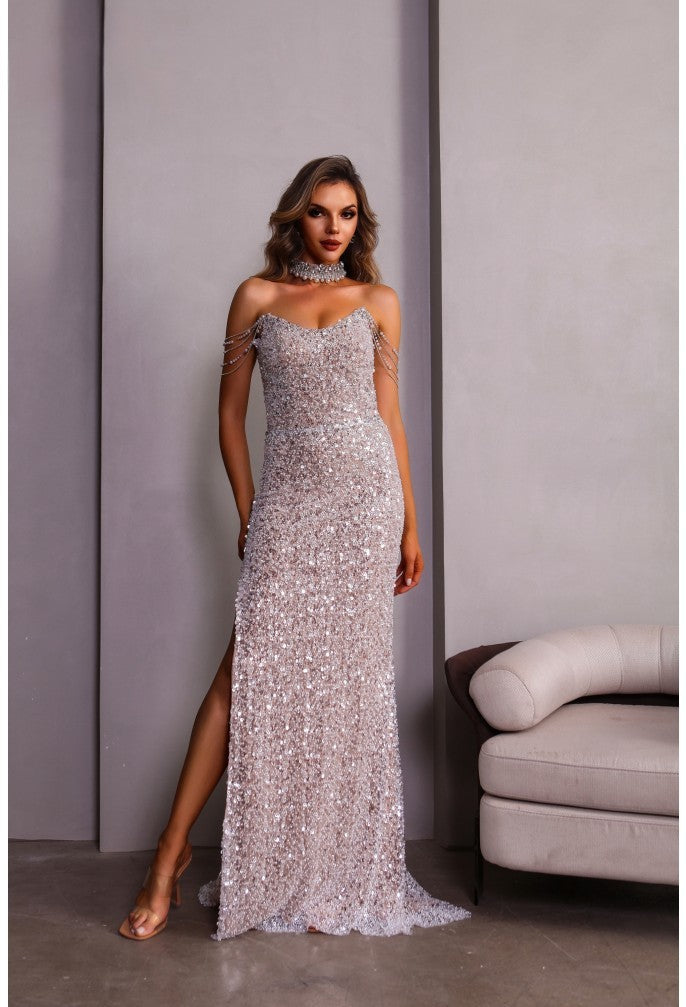 Prom Dresses Fitted Slit Formal Beaded Long Prom Dress Silver Nude