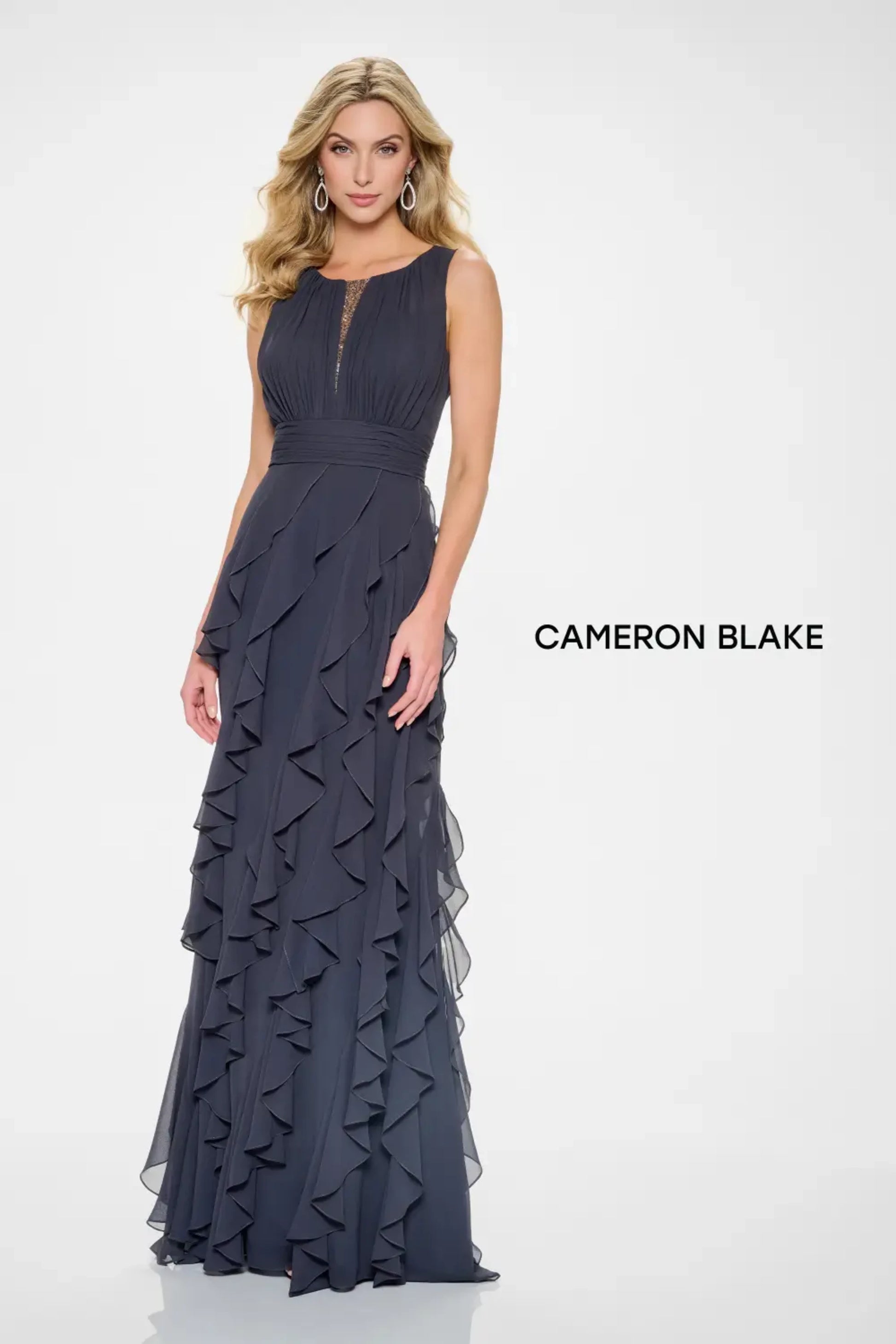 Cameron Blake CB213 Long Formal Beaded Ruffle Evening Dress