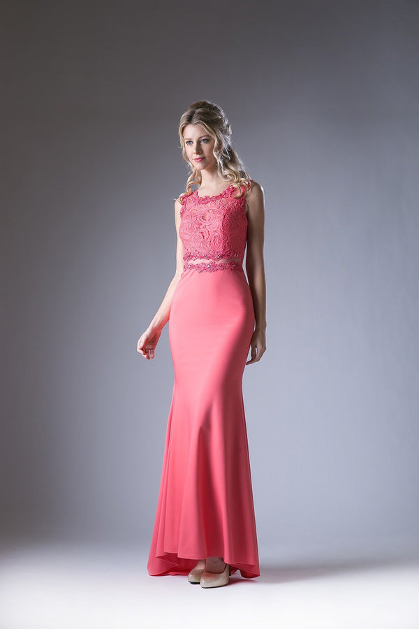 LaDivine CF115 Fitted Long Formal Lace Beaded Prom Dress