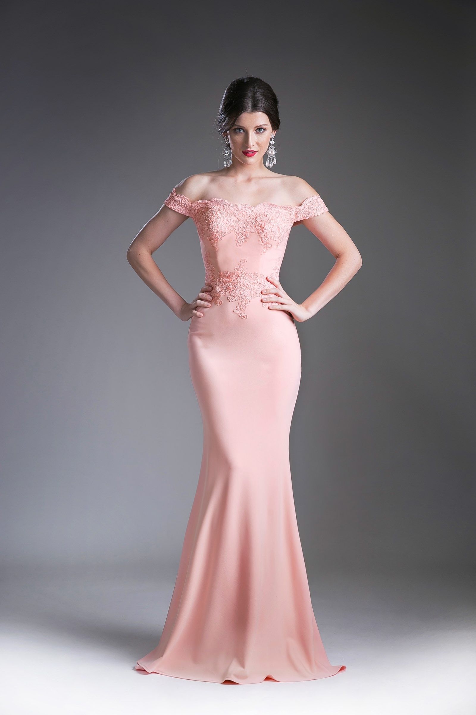 LaDivine CF158 Long Off Shoulder Formal Prom Dress Gown in Peach