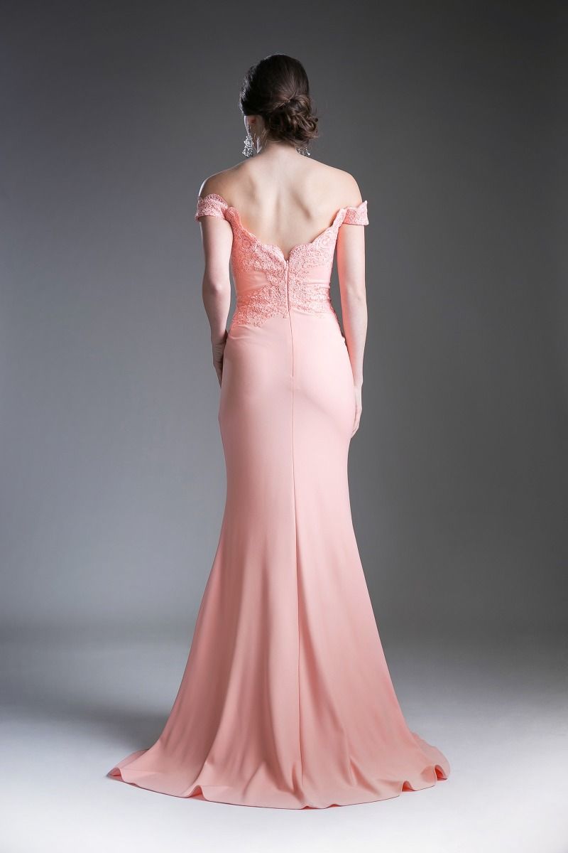 LaDivine CF158 Long Off Shoulder Formal Prom Dress Gown in Peach