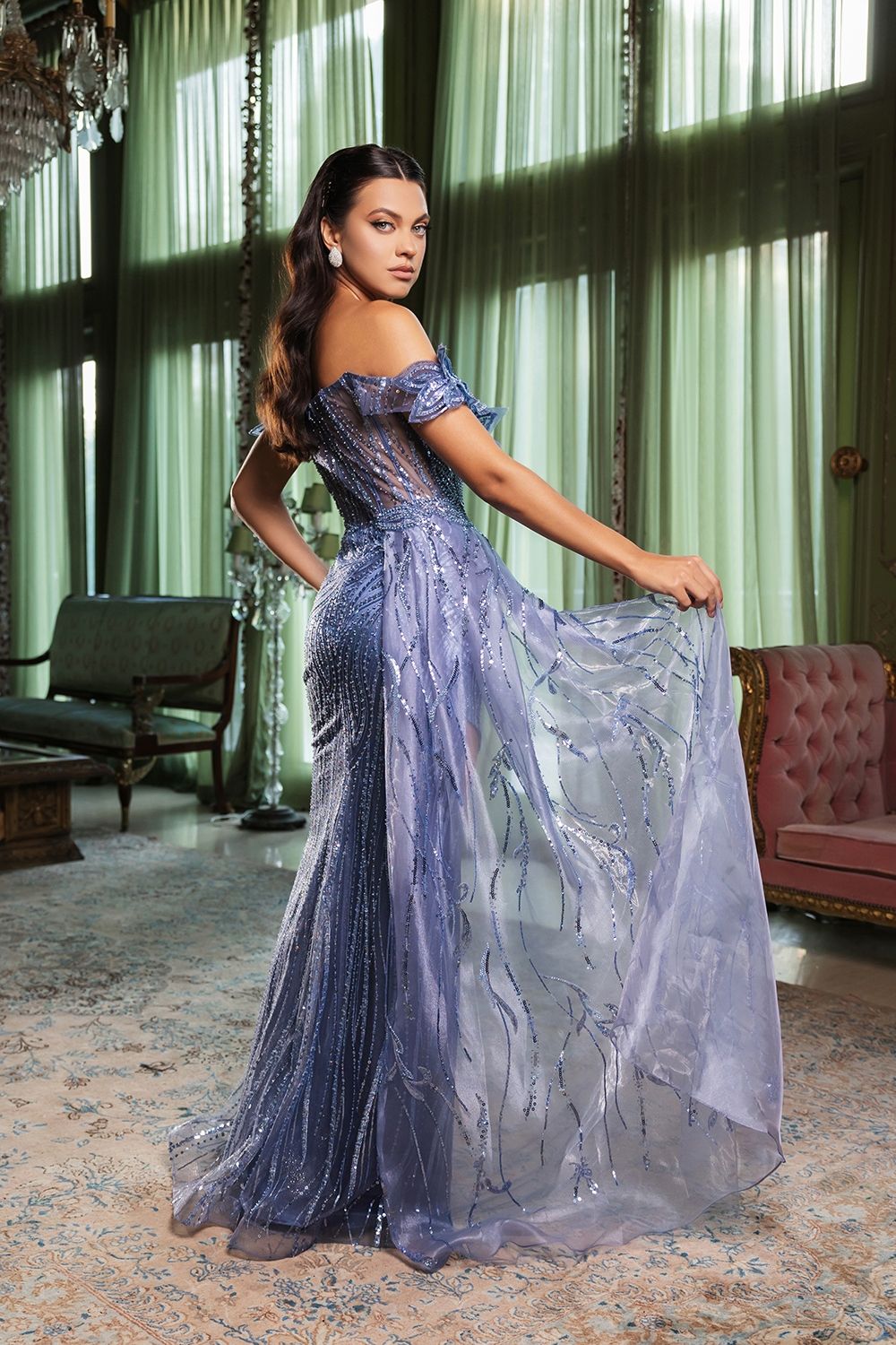 Dusty Blue Off-the-Shoulder Floor-Length Mesh Prom Dress Beaded May Queen RQ8100
