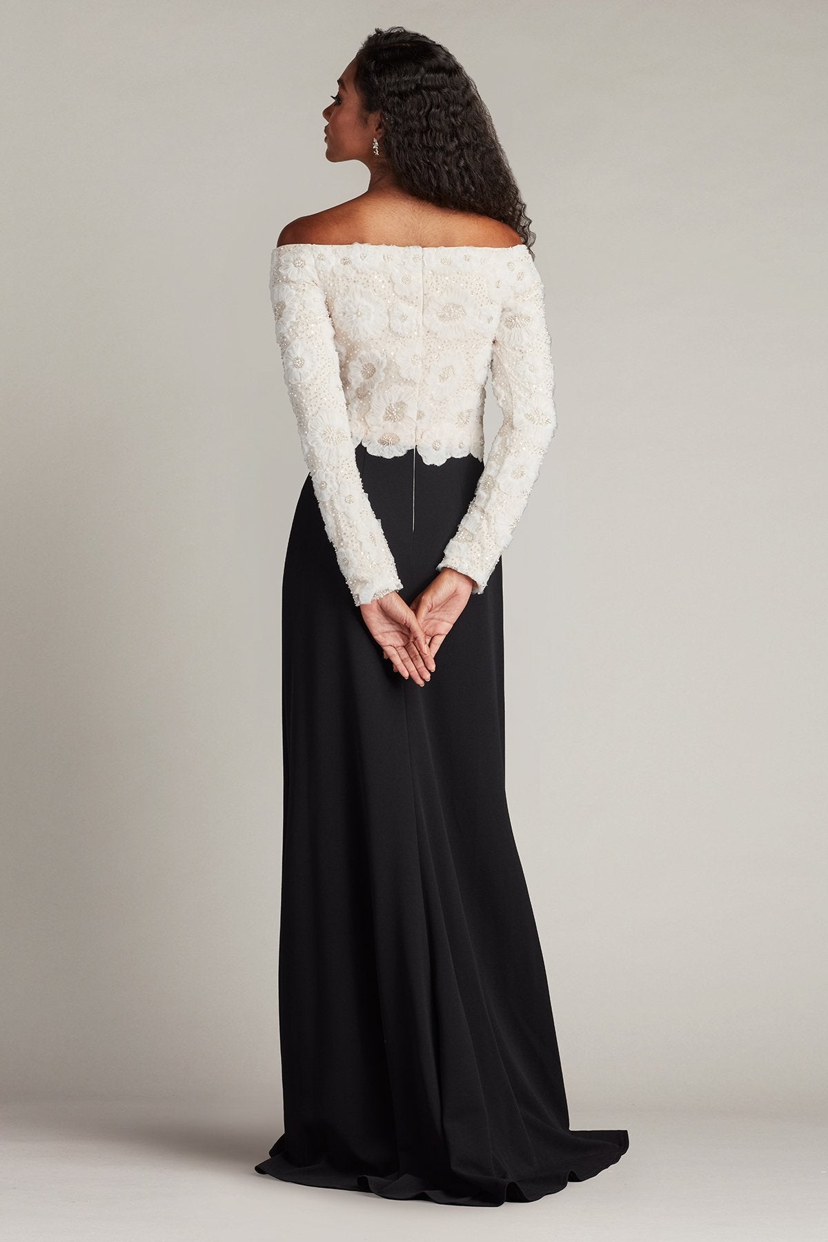 Tadashi Shoji Rhinestone Floral Off the Shoulder Mixed Media Gown Ivory/Black Tadashi Shoji Rhinestone Floral Off the Shoulder Mixed Media Gown Ivory/Black