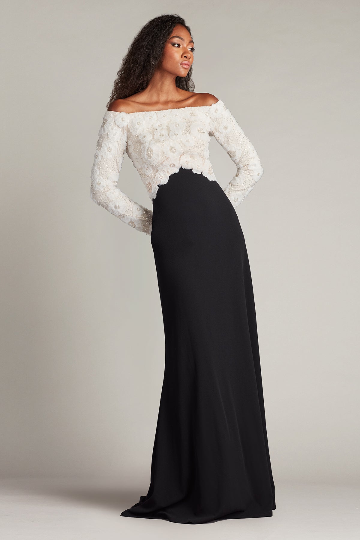 Tadashi Shoji Rhinestone Floral Off the Shoulder Mixed Media Gown Ivory/Black