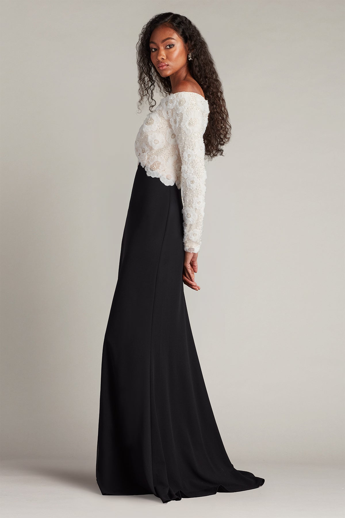 ivory and black dress Tadashi Shoji Rhinestone Floral Off the Shoulder Mixed Media Gown Ivory/Black