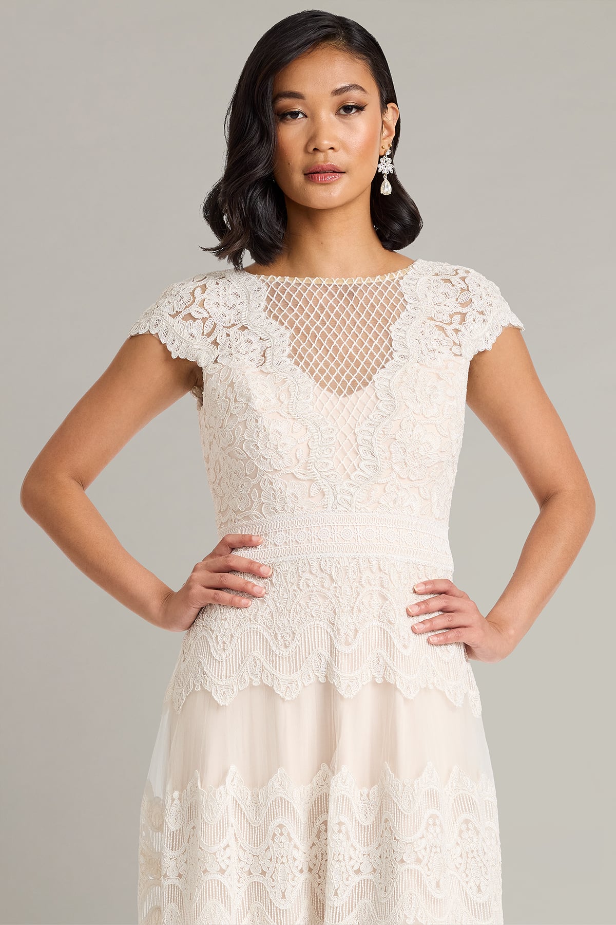 Ivory Petal Illusion Cap Sleeve Tea-Length Tulle Bridal Dress with Lace Tiers Tadashi Shoji CFJ26004MD