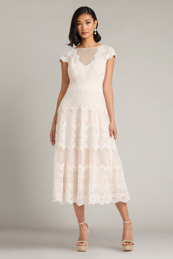 Illusion Cap Sleeve Tea-Length Tulle Bridal Dress with Lace Tiers Tadashi Shoji CFJ26004MD