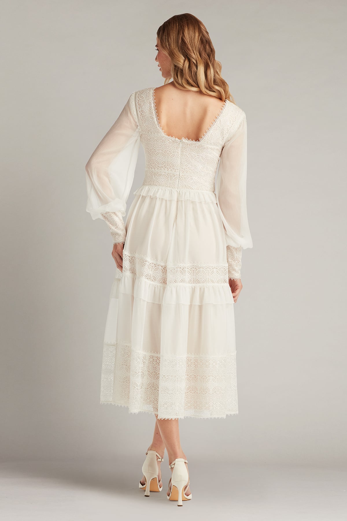 Ivory/Petal V-Neck Tea-Length Chiffon Bridal Dress with Bishop Sleeves Tadashi Shoji CFW24598MDX