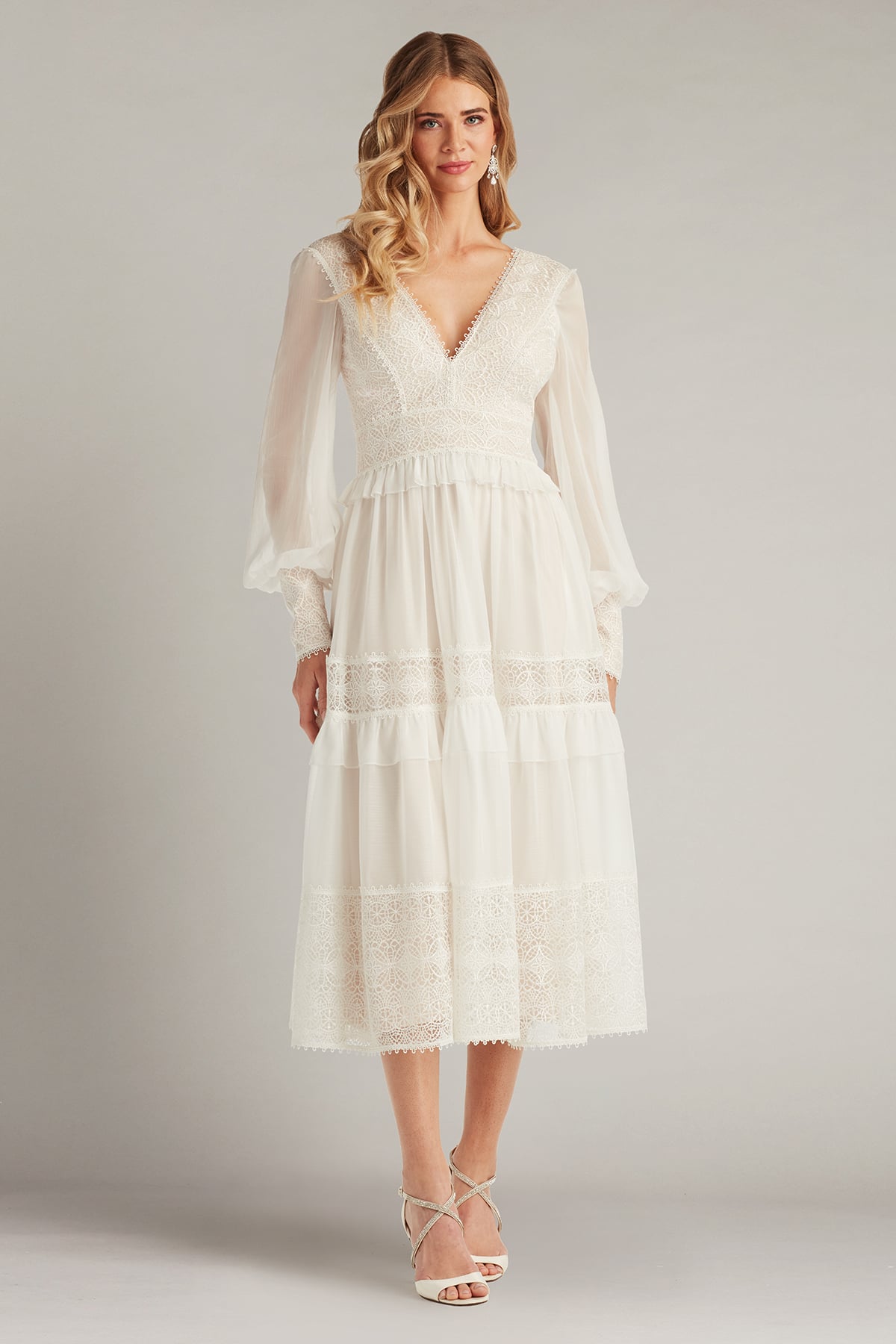 Ivory/Petal V-Neck Tea-Length Chiffon Bridal Dress with Bishop Sleeves Tadashi Shoji CFW24598MDX