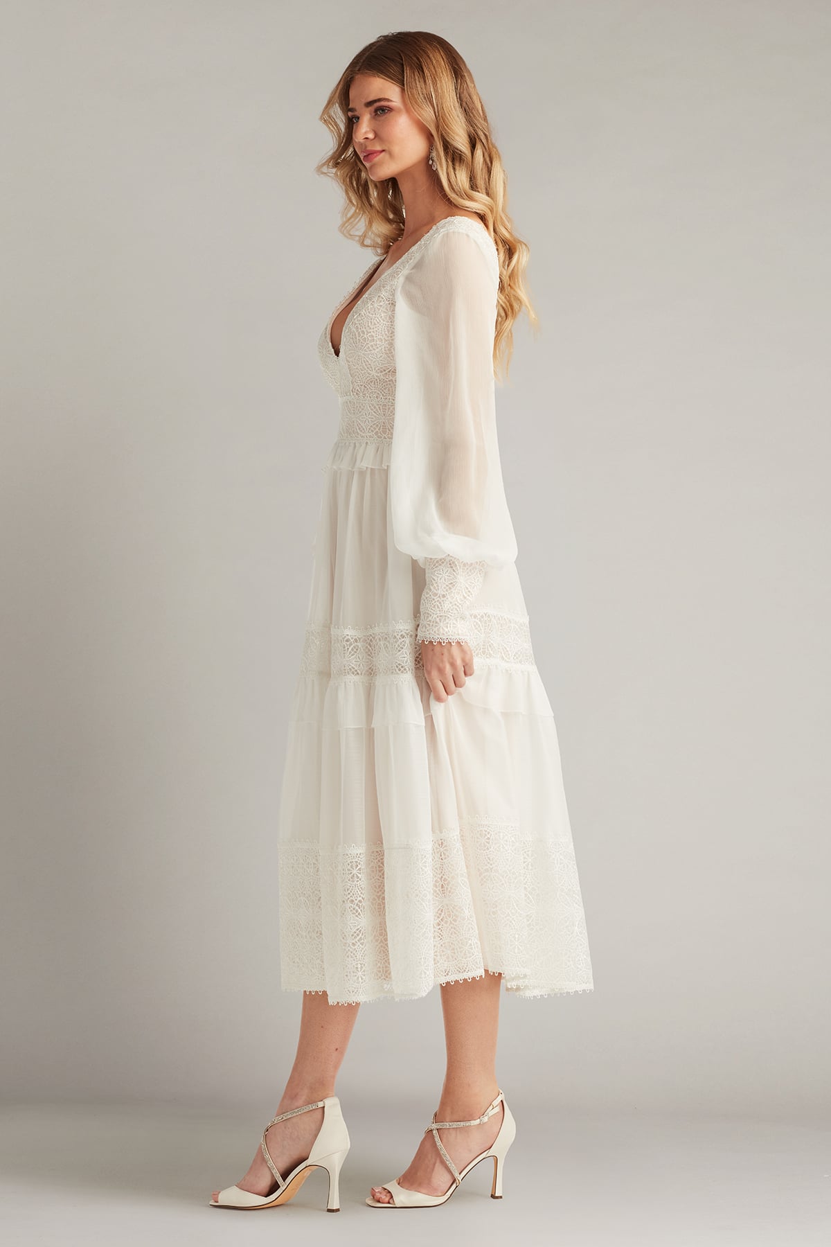 Ivory/Petal V-Neck Tea-Length Chiffon Bridal Dress with Bishop Sleeves Tadashi Shoji CFW24598MDX