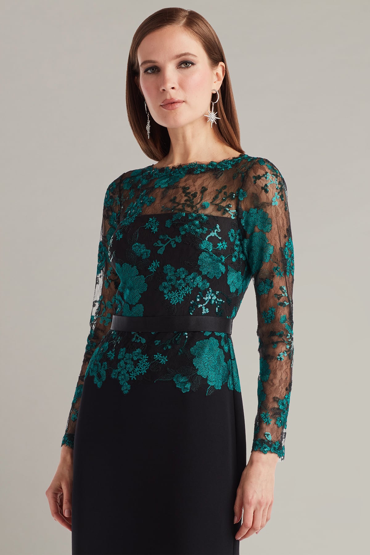 Tadashi Shoji Women's Beacon Belted Embroidered Illusion Gown