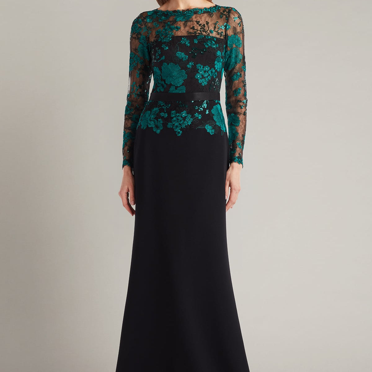 Tadashi Shoji Women's Beacon Belted Embroidered Illusion Gown - Emerald/Black