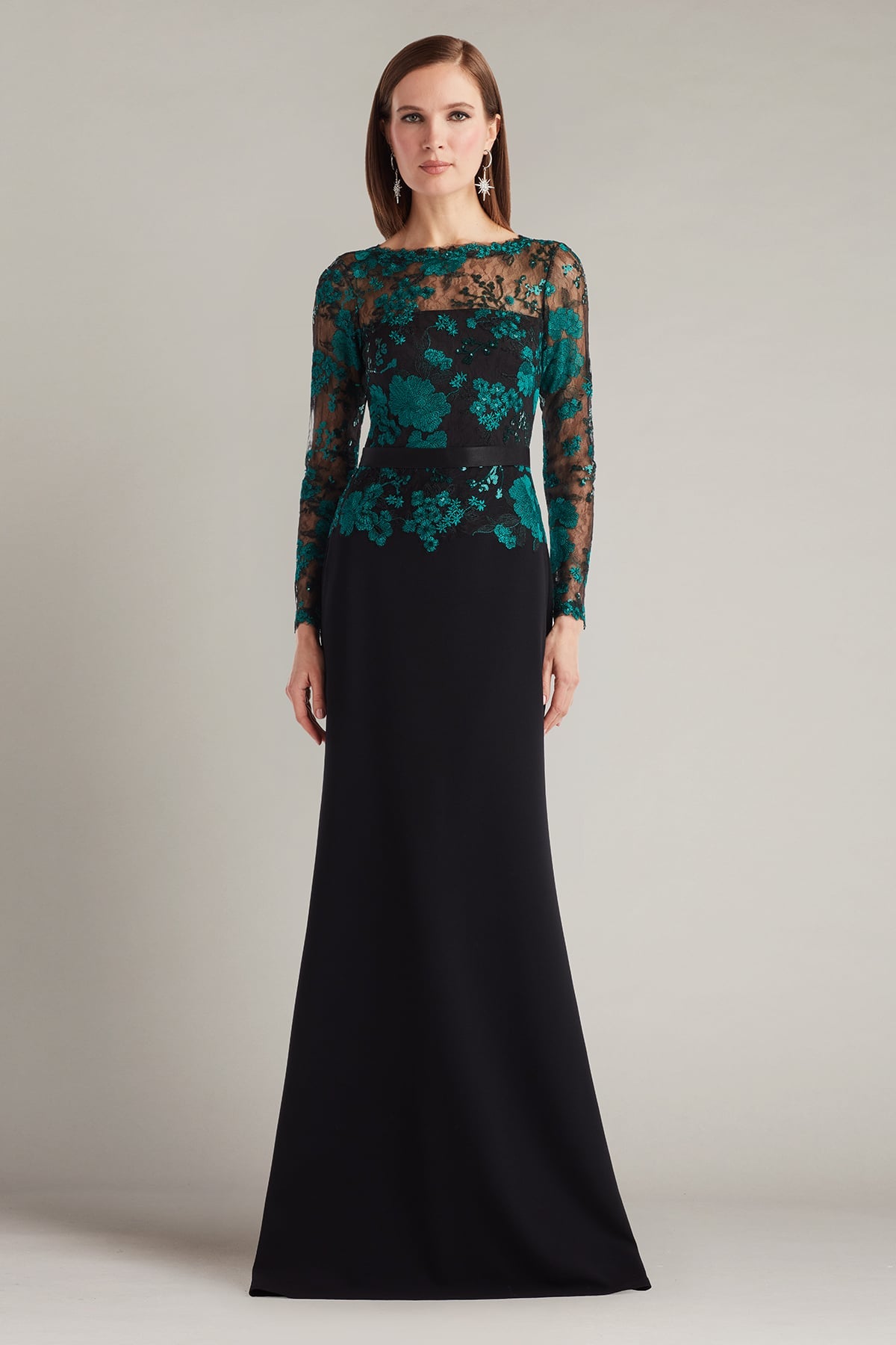 Tadashi Shoji Women's Beacon Belted Embroidered Illusion Gown - Emerald/Black Tadashi Shoji Women's Beacon Belted Embroidered Illusion Gown - Emerald/Black