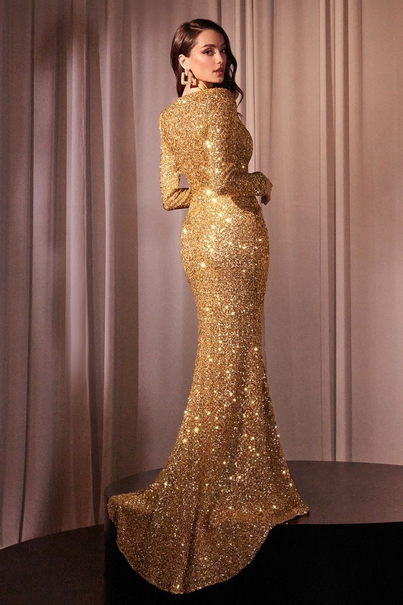 LaDivine CH054 Long Sleeve Formal Sequin Fitted Evening Dress