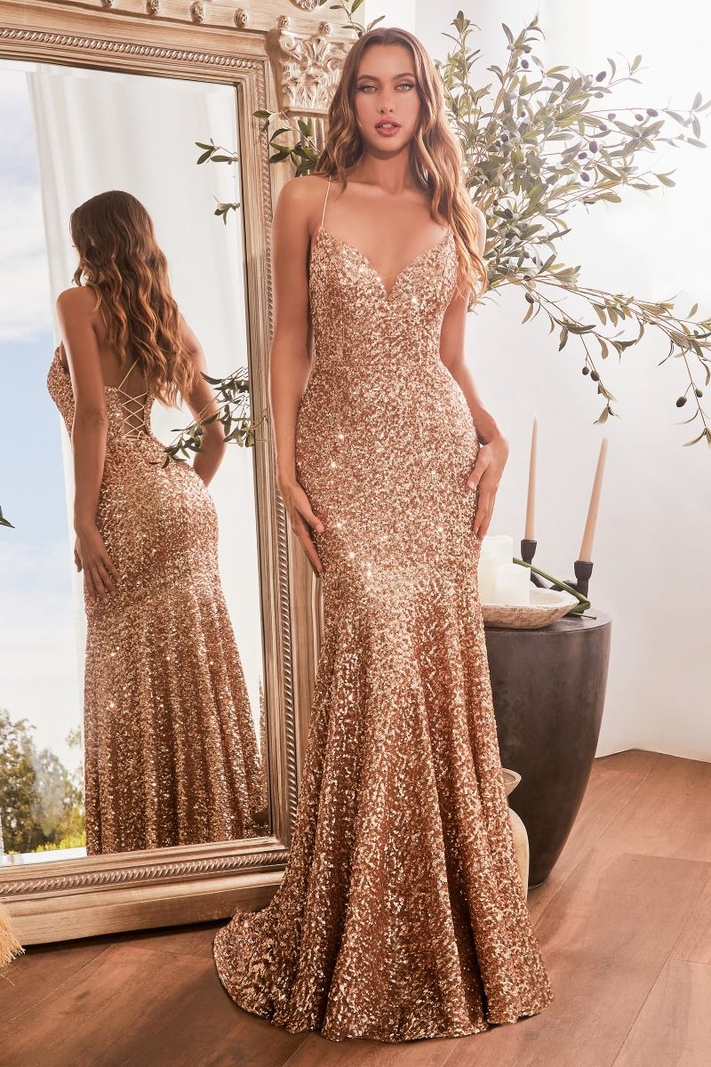 Prom Dresses Long Sequins Fitted Mermaid Prom Gown Rose Gold
