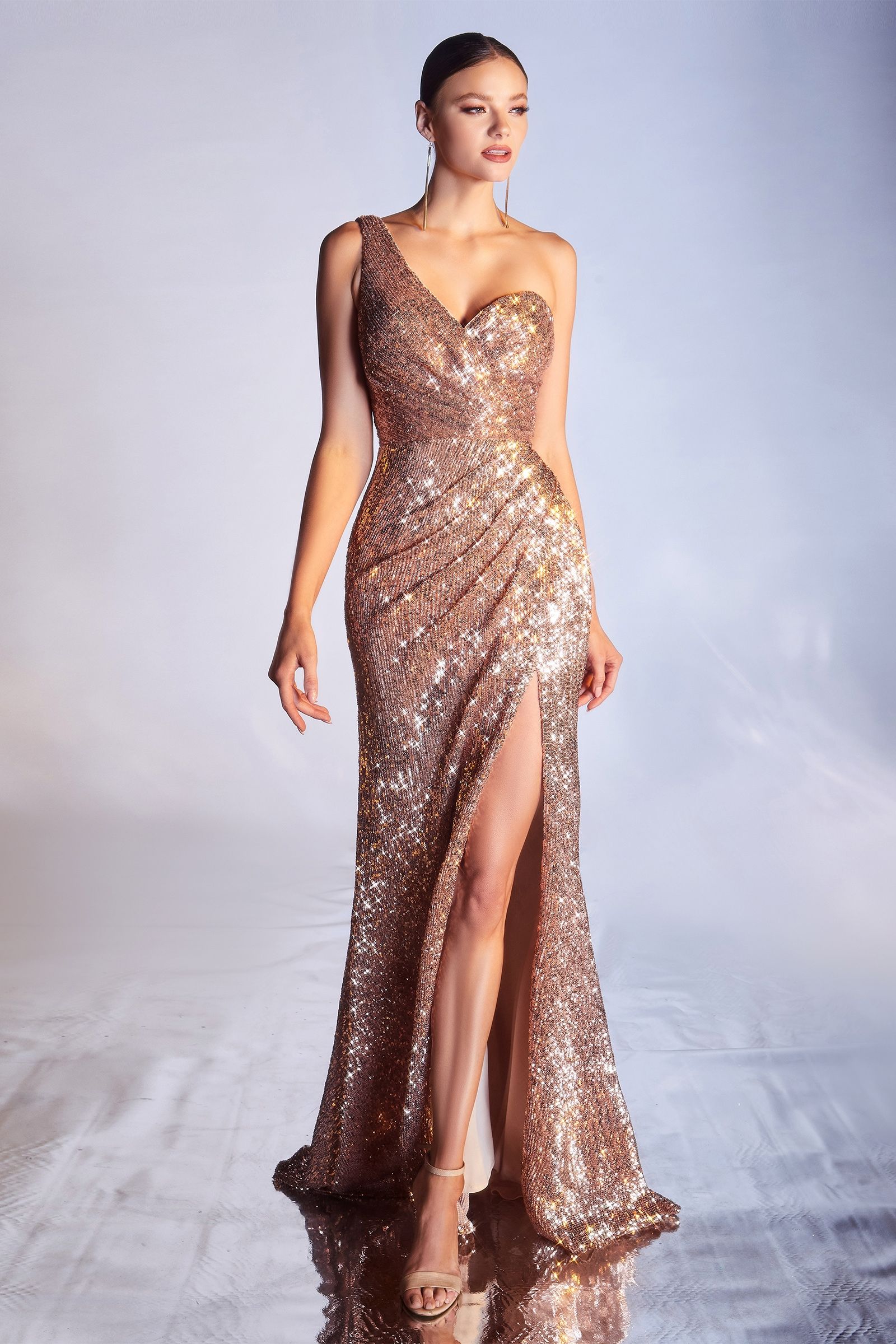 LaDivine CH182 One Shoulder Sequin Long Prom Dress in Rose Gold