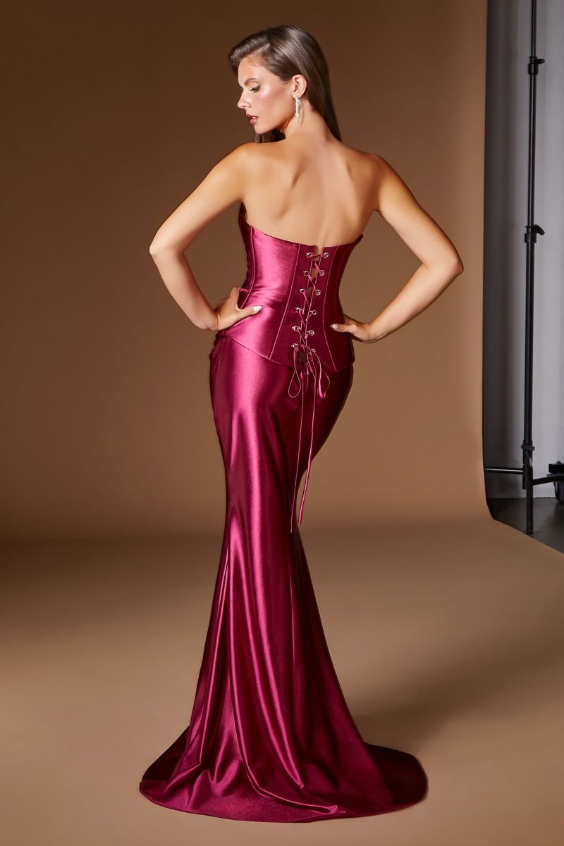 Burgundy Strapless Long Satin Prom Dress Mermaid LaDivine CH2602