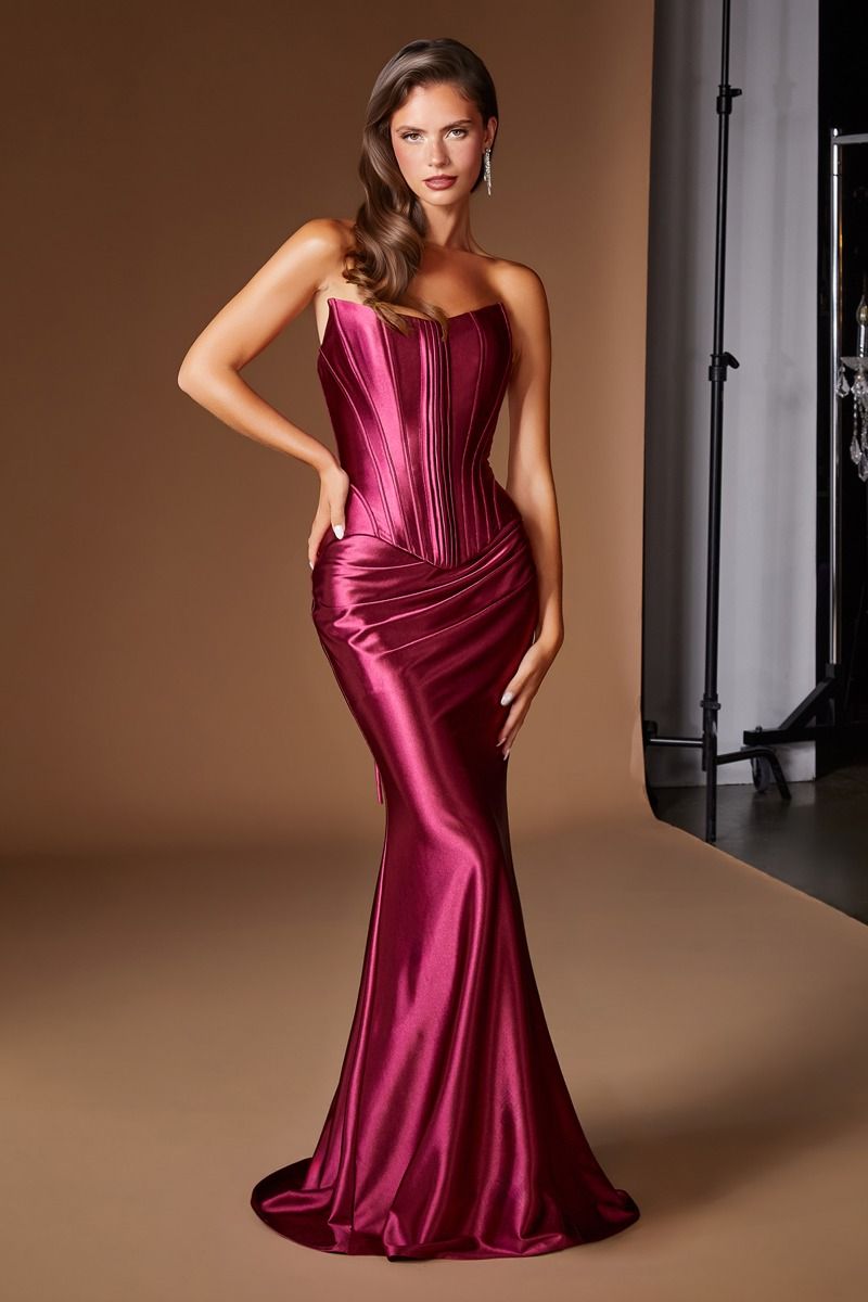 Burgundy Strapless Long Satin Prom Dress Mermaid LaDivine CH2602