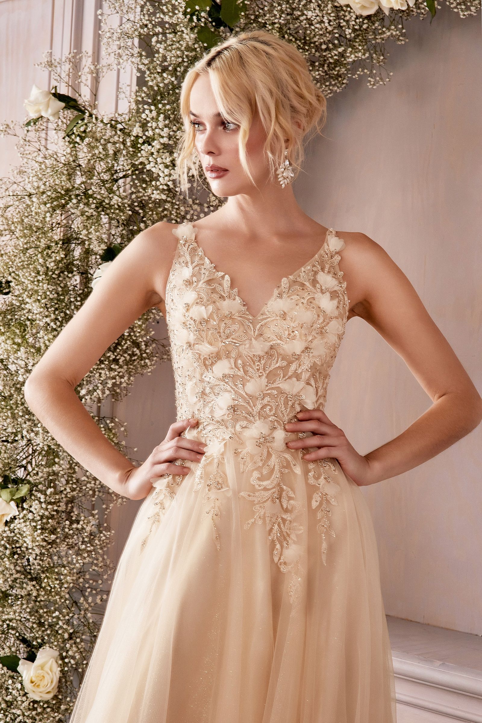 Floral Sleeveless Tulle Long A-Line Prom Dress by LaDivine CD0181 - Champagne / S