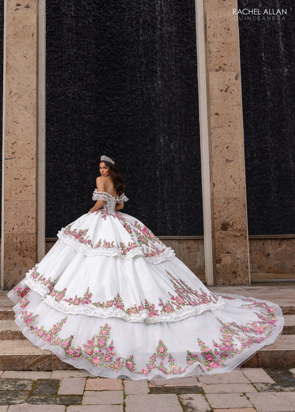 White Fuchsia Off the Shoulder Floor Length Taffeta Quinceanera Ball Gown with Floral Embroidery Rachel Allan RQ5015