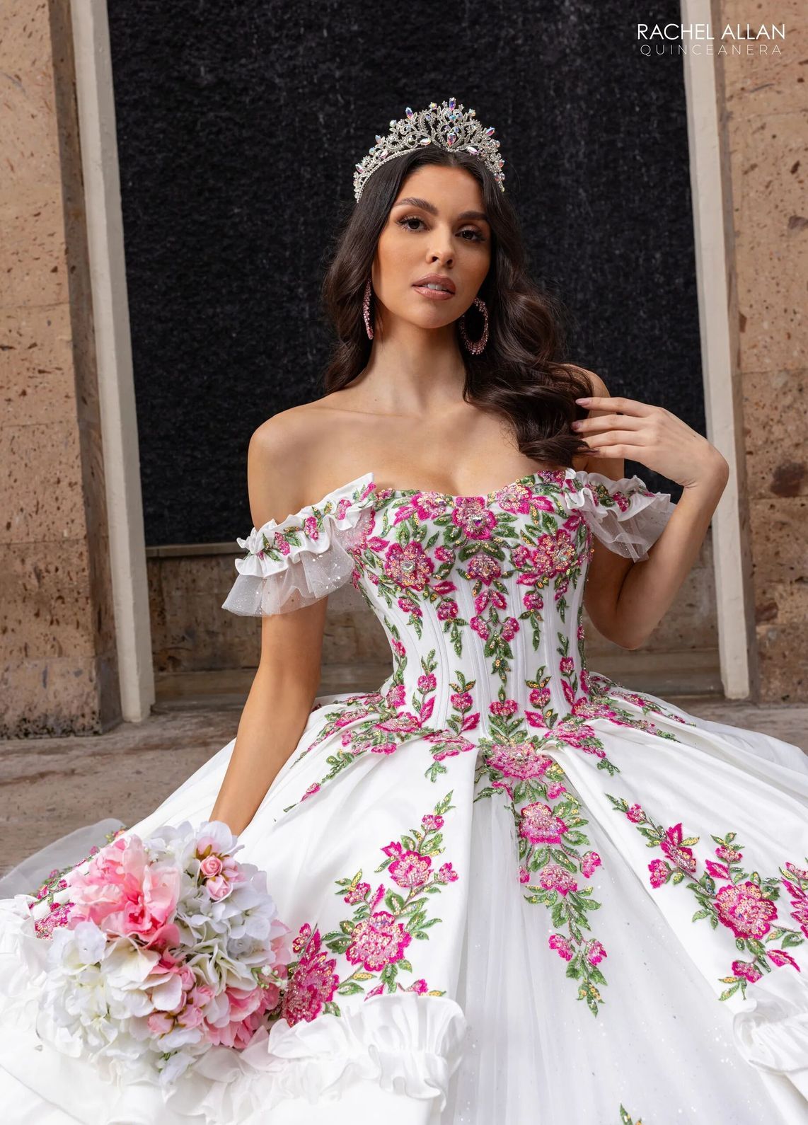 White Fuchsia Off the Shoulder Floor Length Taffeta Quinceanera Ball Gown with Floral Embroidery Rachel Allan RQ5015