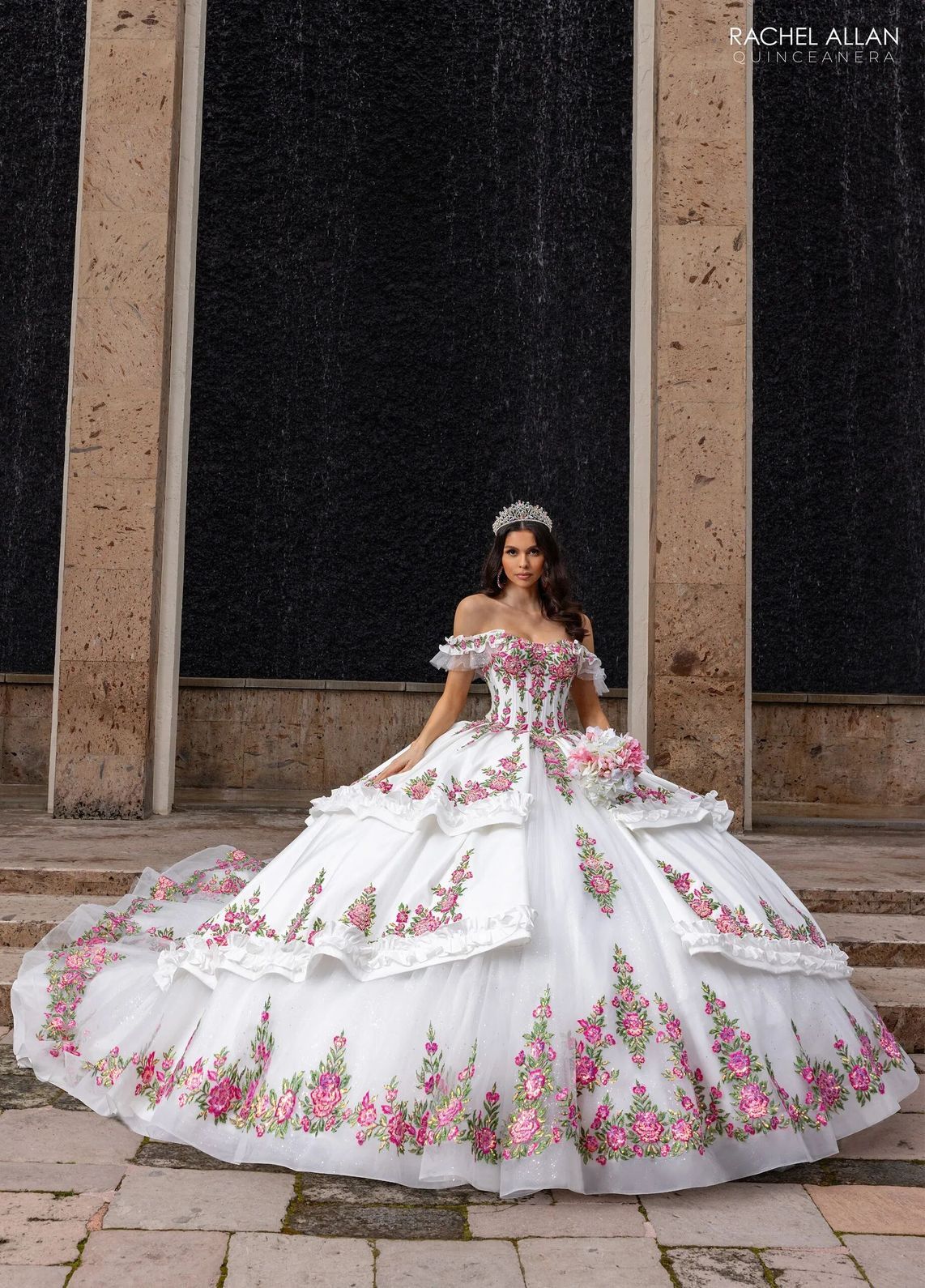 White Fuchsia Off the Shoulder Floor Length Taffeta Quinceanera Ball Gown with Floral Embroidery Rachel Allan RQ5015