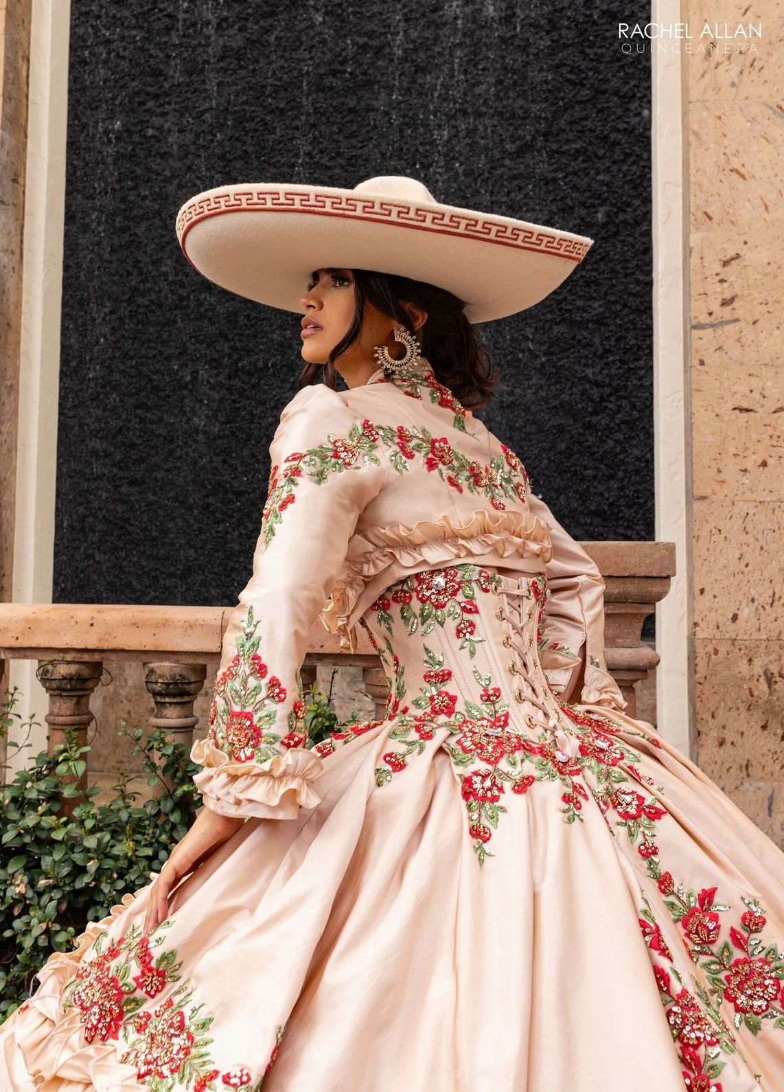 Champagne Red Off the Shoulder Floor Length Taffeta Quinceanera Ball Gown with Floral Embroidery Rachel Allan RQ5015