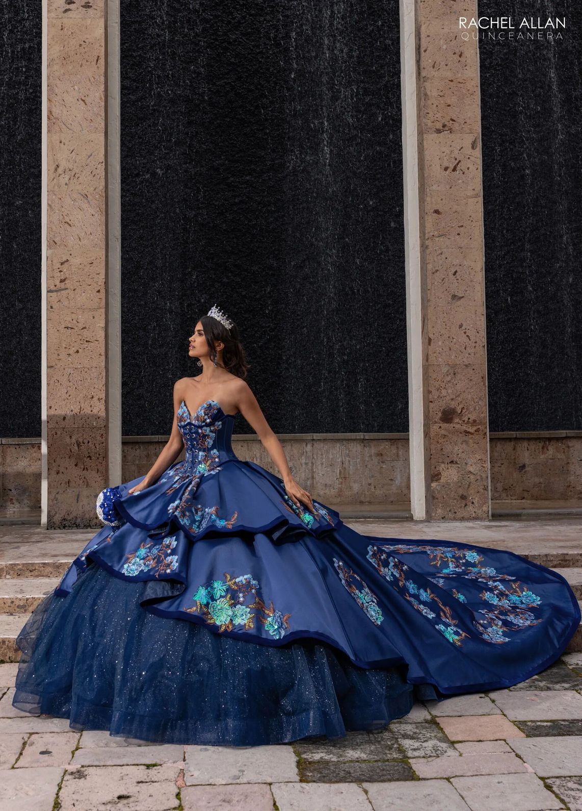 Navy Multi V Neck Floor Length Satin Velvet Quinceanera Ball Gown with Tiered Skirt Rachel Allan RQ5016