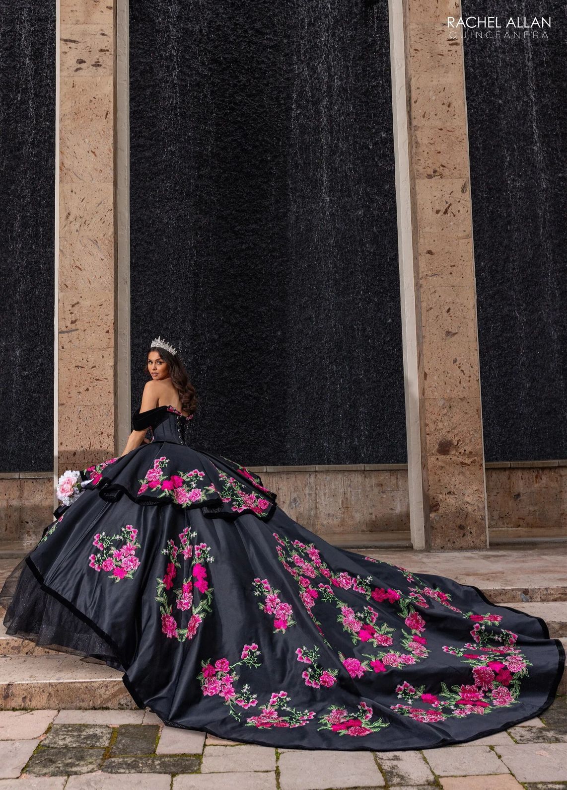 Black Multi V Neck Floor Length Satin Velvet Quinceanera Ball Gown with Tiered Skirt Rachel Allan RQ5016