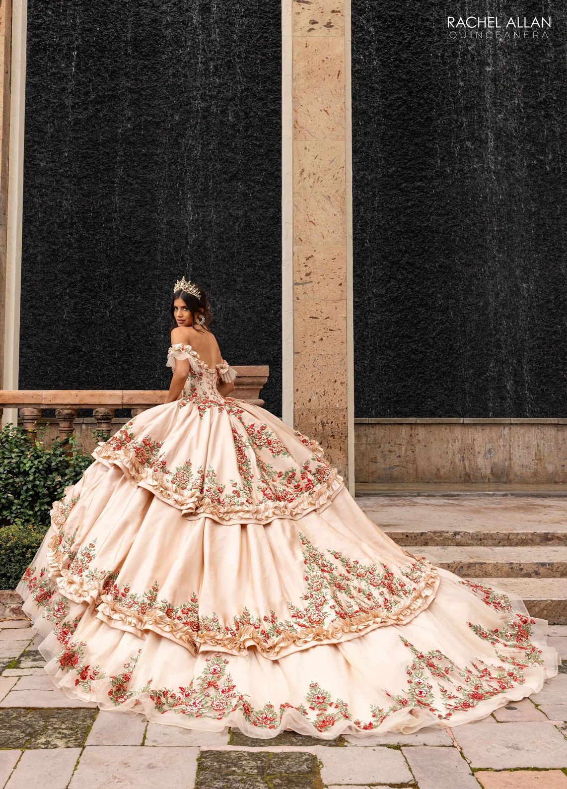 Champagne Red Off the Shoulder Floor Length Taffeta Quinceanera Ball Gown with Floral Embroidery Rachel Allan RQ5015