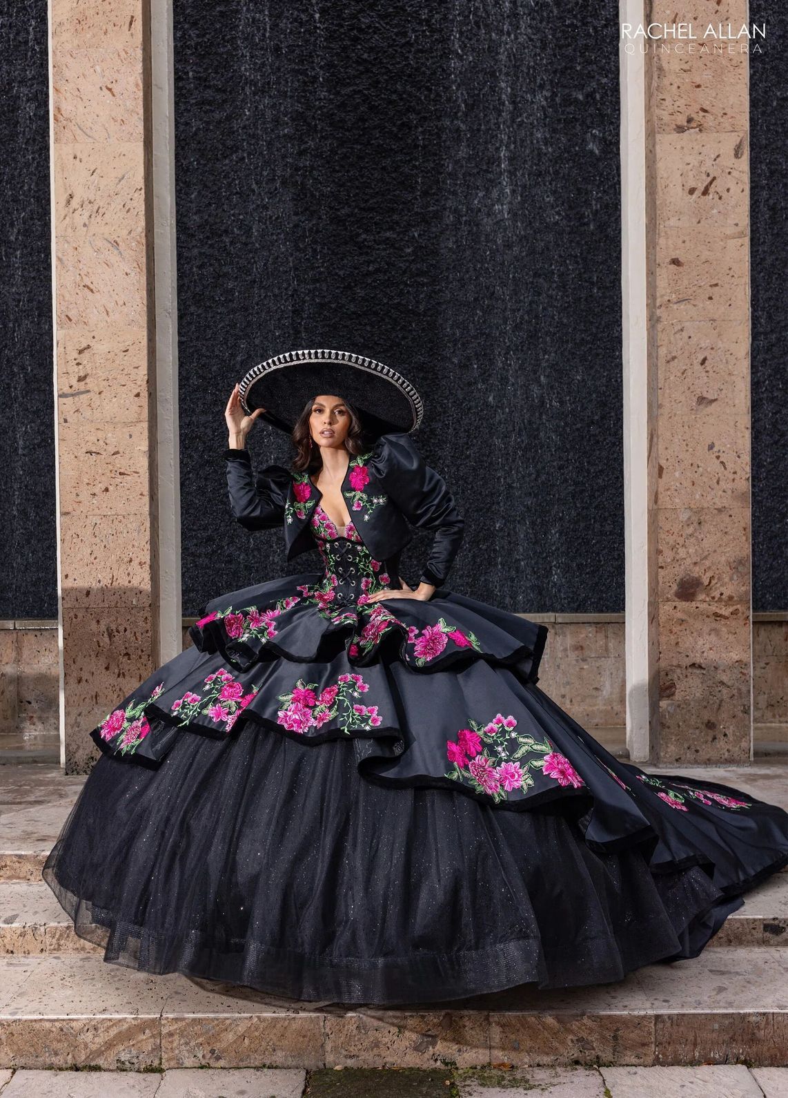 Black Multi V Neck Floor Length Satin Velvet Quinceanera Ball Gown with Tiered Skirt Rachel Allan RQ5016
