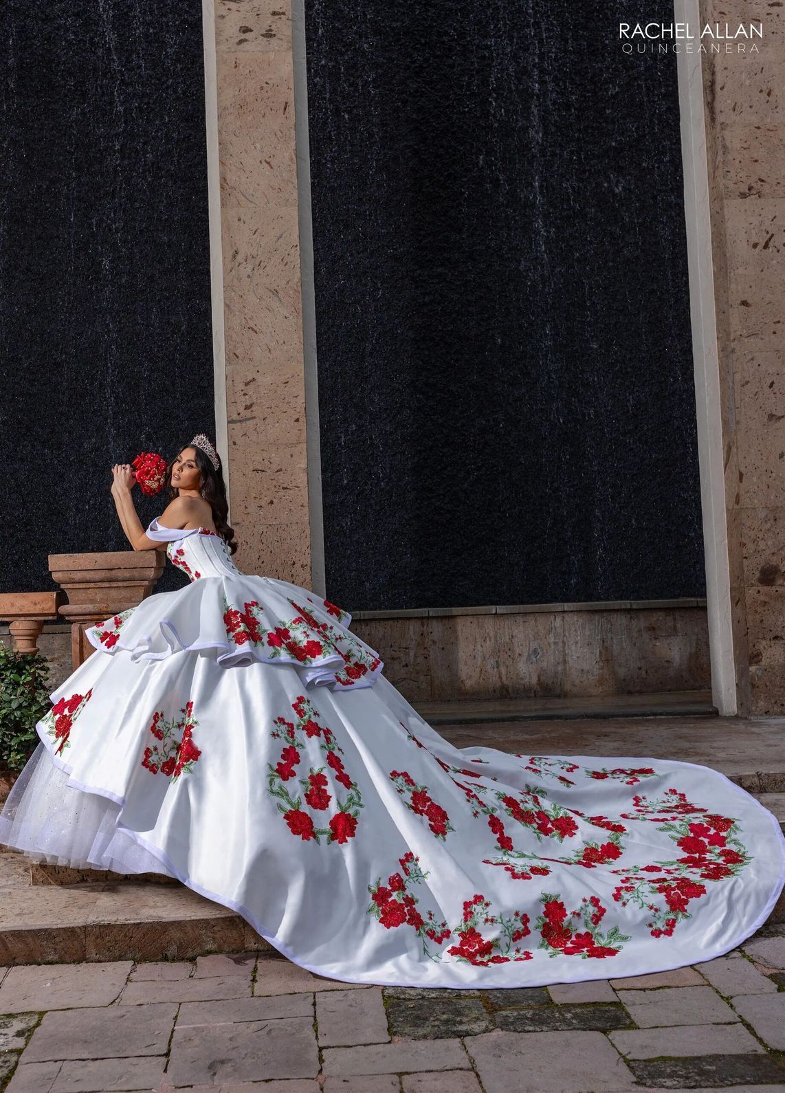 White Multi V Neck Floor Length Satin Velvet Quinceanera Ball Gown with Tiered Skirt Rachel Allan RQ5016