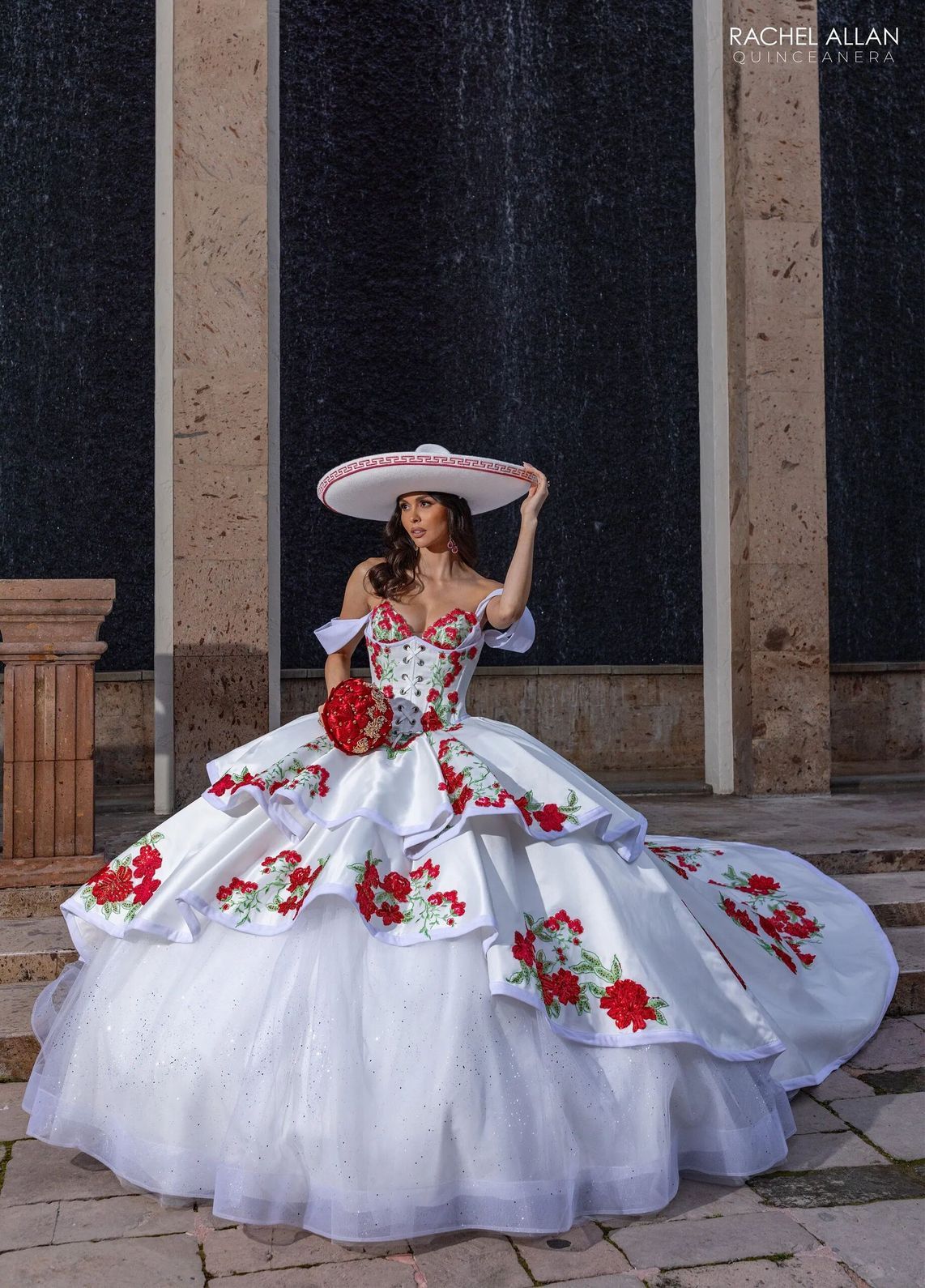 White Multi V Neck Floor Length Satin Velvet Quinceanera Ball Gown with Tiered Skirt Rachel Allan RQ5016