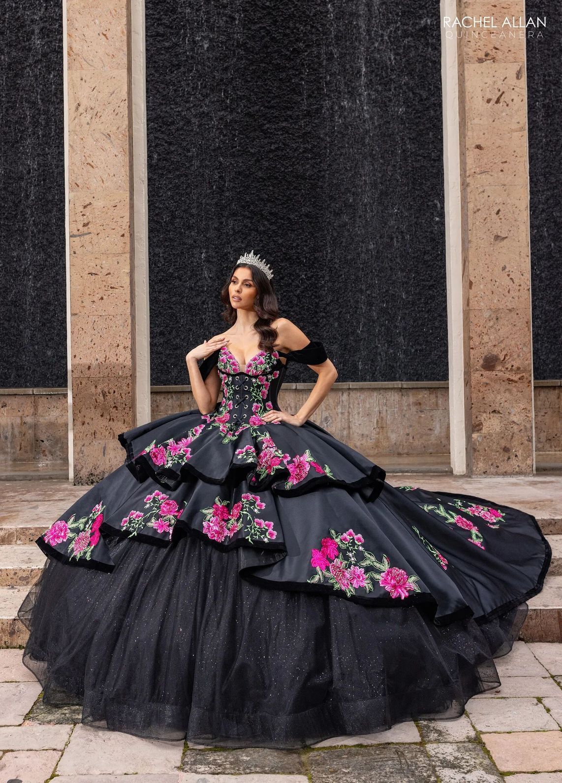 Black Multi V Neck Floor Length Satin Velvet Quinceanera Ball Gown with Tiered Skirt Rachel Allan RQ5016