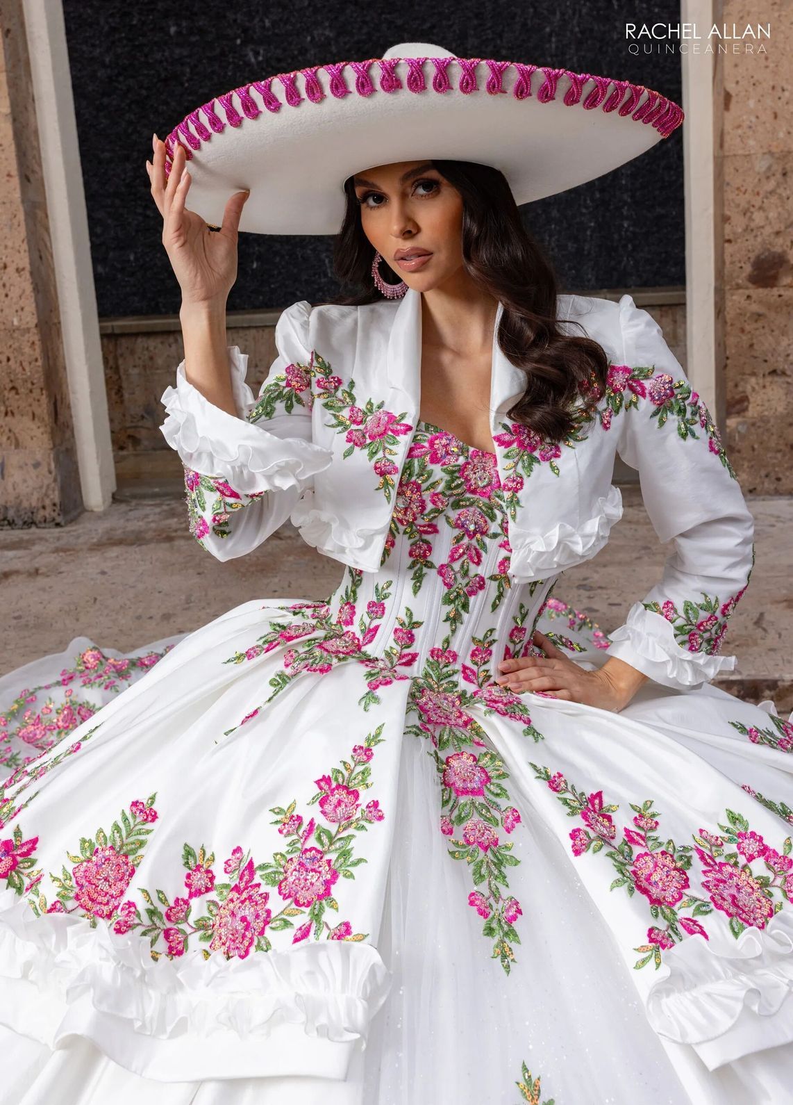 White Fuchsia Off the Shoulder Floor Length Taffeta Quinceanera Ball Gown with Floral Embroidery Rachel Allan RQ5015