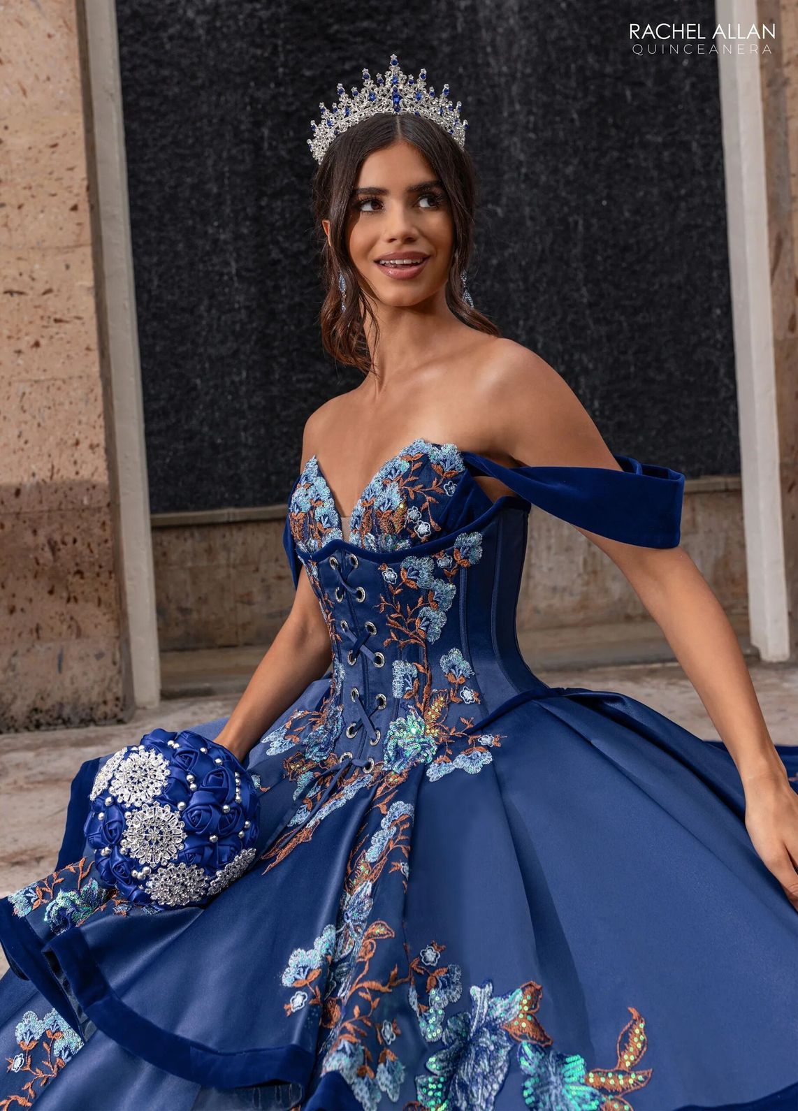 Navy Multi V Neck Floor Length Satin Velvet Quinceanera Ball Gown with Tiered Skirt Rachel Allan RQ5016