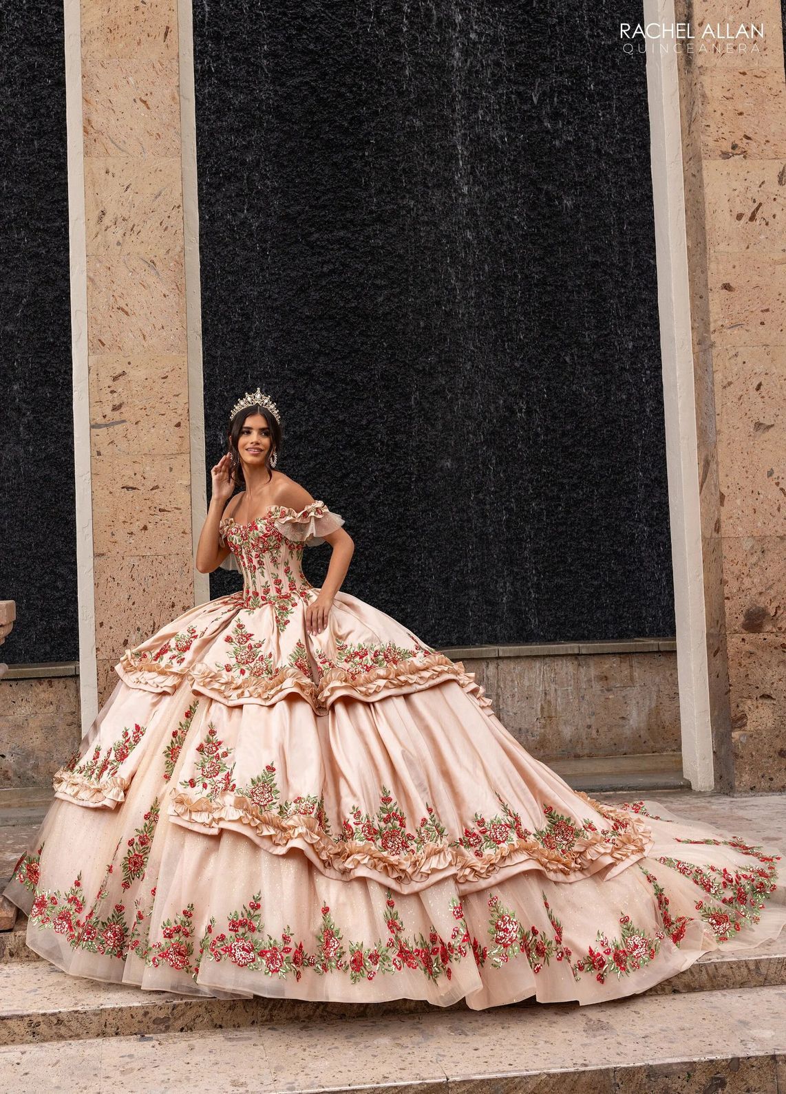 Champagne Red Off the Shoulder Floor Length Taffeta Quinceanera Ball Gown with Floral Embroidery Rachel Allan RQ5015