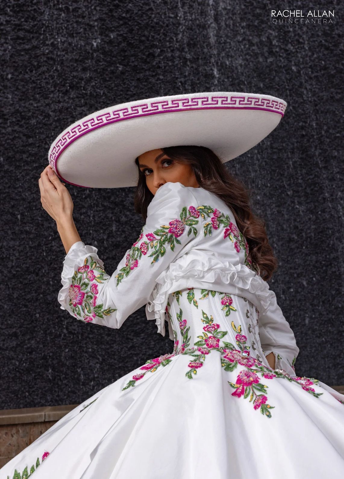 White Fuchsia Off the Shoulder Floor Length Taffeta Quinceanera Ball Gown with Floral Embroidery Rachel Allan RQ5015