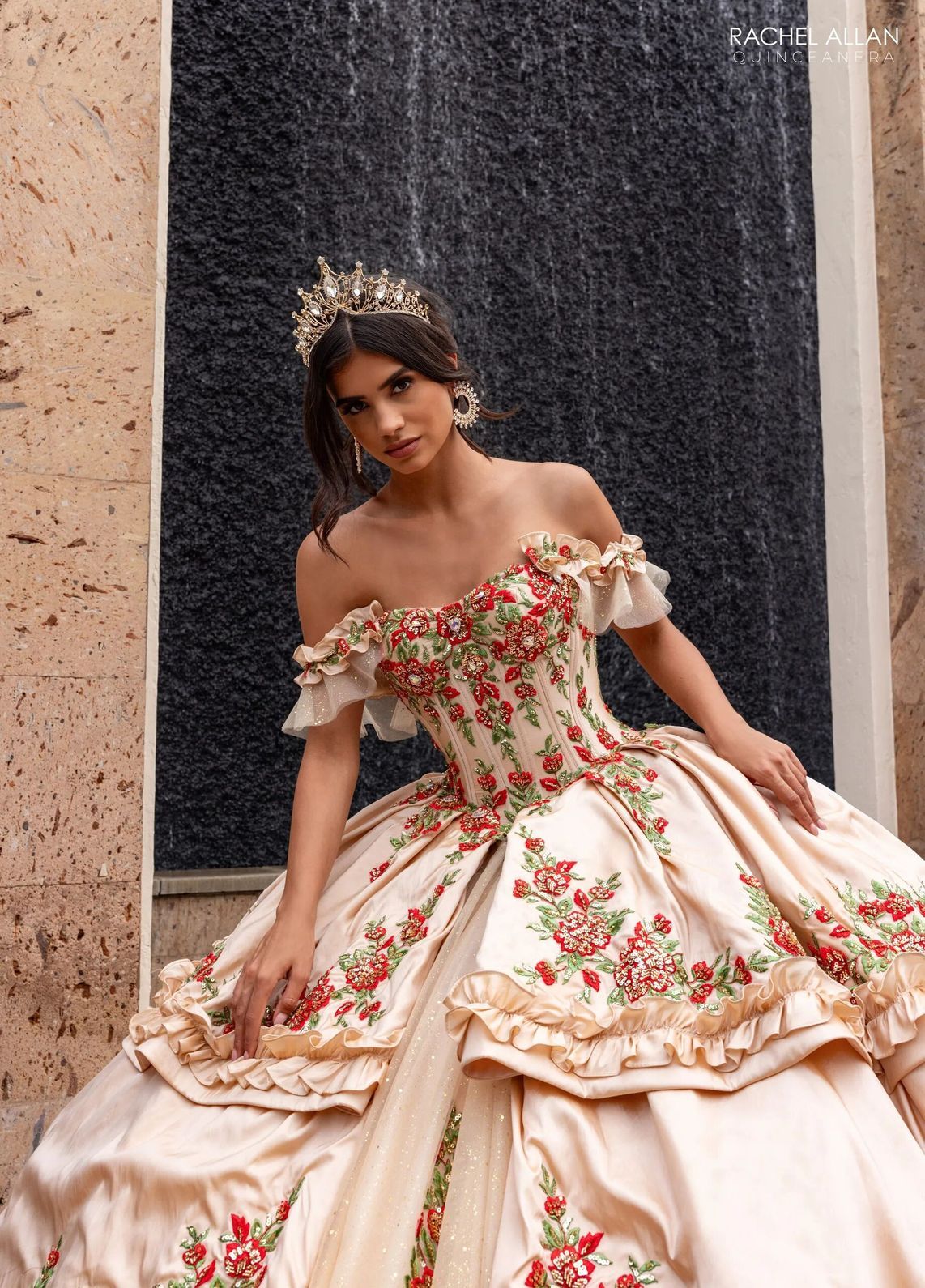 Champagne Red Off the Shoulder Floor Length Taffeta Quinceanera Ball Gown with Floral Embroidery Rachel Allan RQ5015