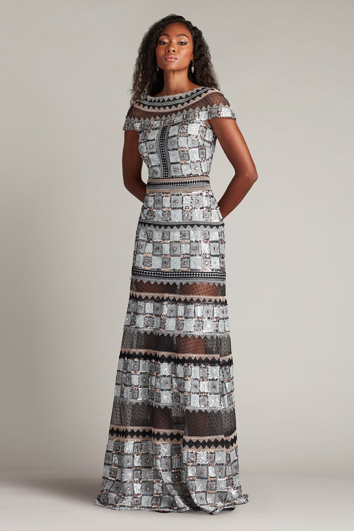 tadashi shoji mesh dress Tadashi Shoji Women's Jovie Sequin Embroidered Illusion Gown - Gray - Size 16