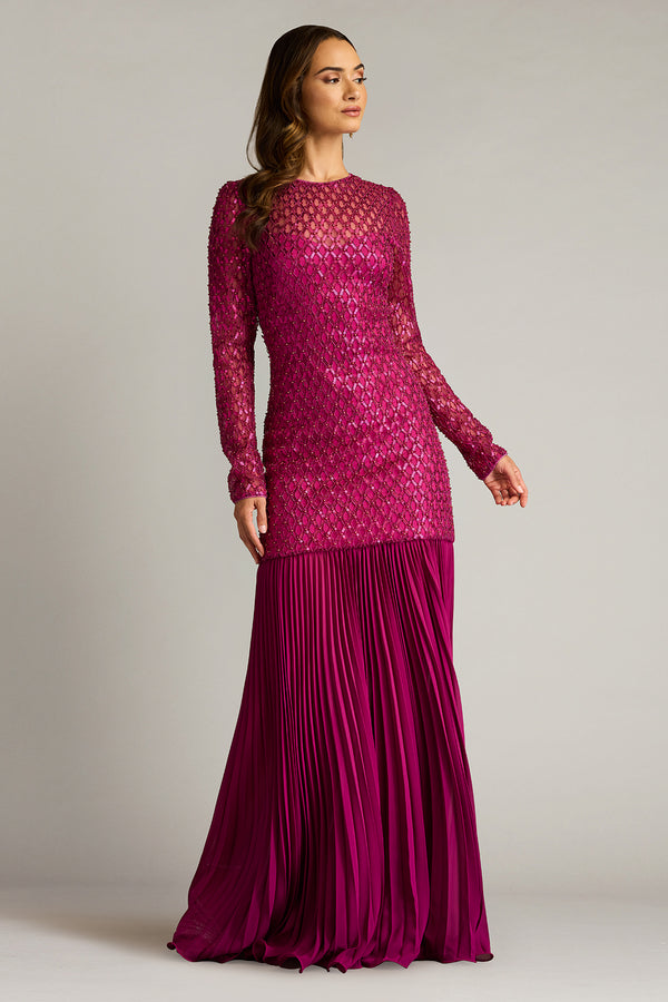Tadashi Shoji CHI25240L Long Pleated Formal Sequin Evening Dress