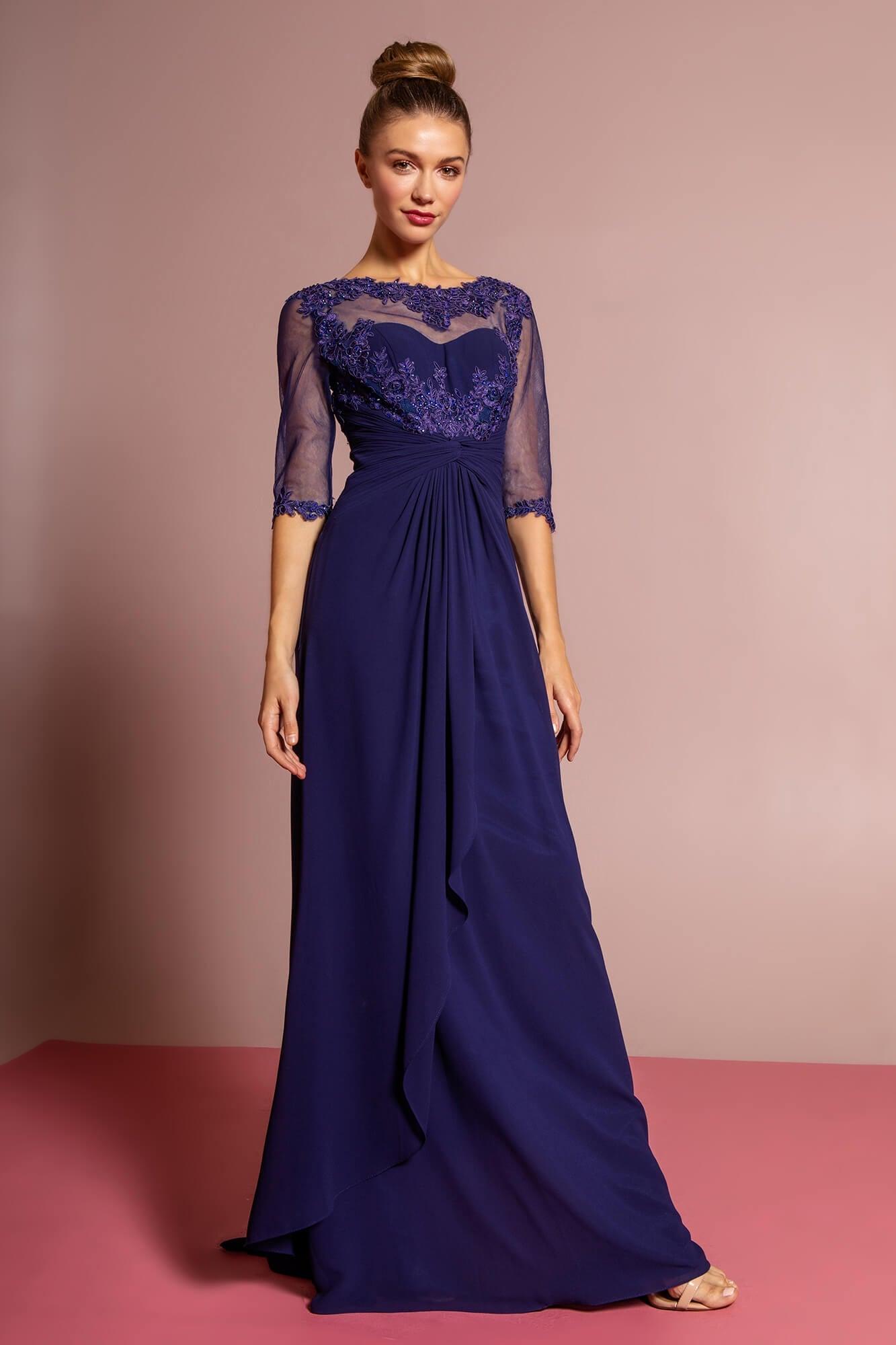 GLS Navy Chiffon Long Mother of the Bride Dress - Bateau Neckline & 3/4 Sleeves