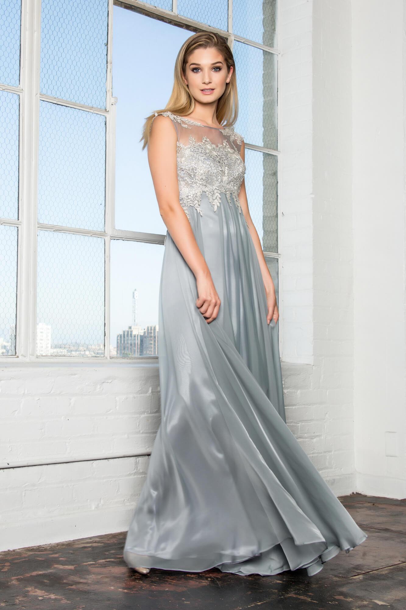 GLS Silver Chiffon Long Prom Dress - Formal Evening Gown with Lace Boat Neckline - Size M GLS Silver Chiffon Long Prom Dress - Formal Evening Gown with Lace Boat Neckline - Size M