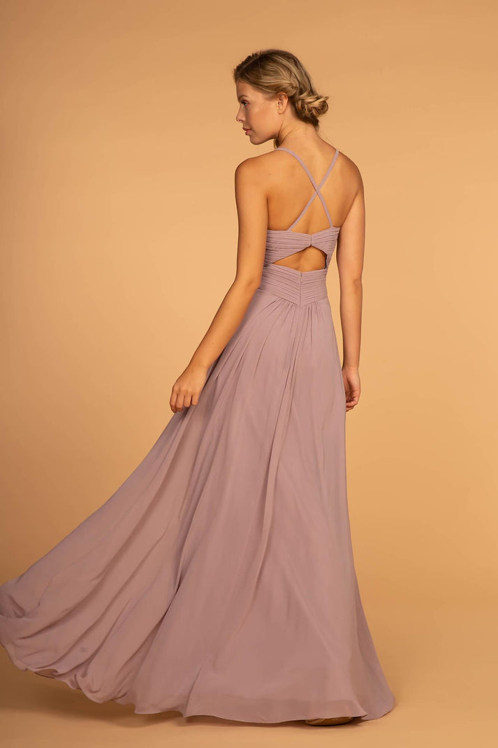 Pleated Bodice Chiffon Long Dresses with Slit Vintage Mauve main image 0